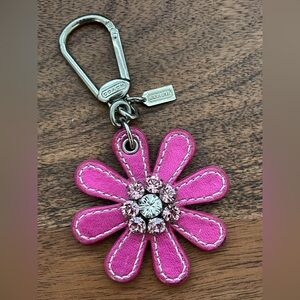 COACH Pink Metallic Leather Flower Bag Charm w/ Crystal Embellishments